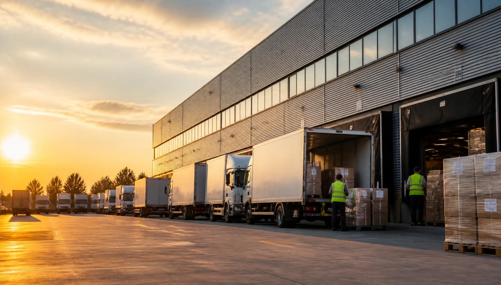 Delivery trucks loading at a Trackweeb distribution warehouse at sunset